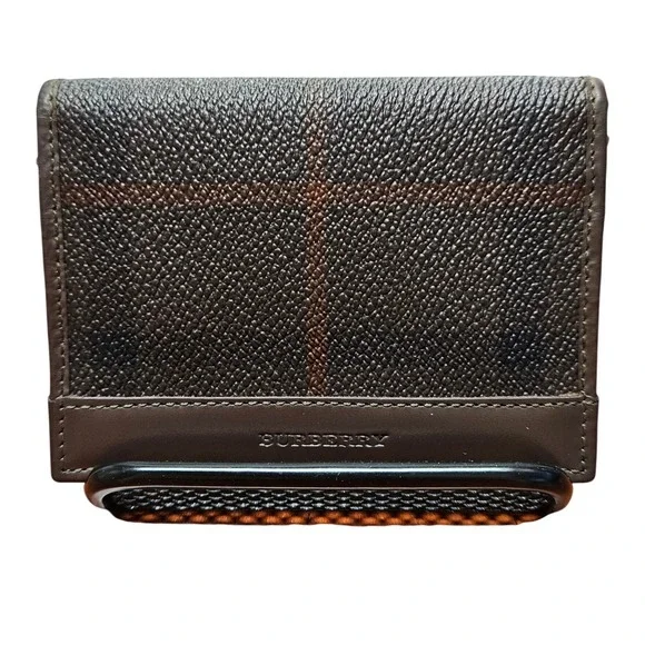 Auth Burberry Haymarket Check Card Holder Black Leather Slim Italy Shadow Horse - Picture 1 of 13